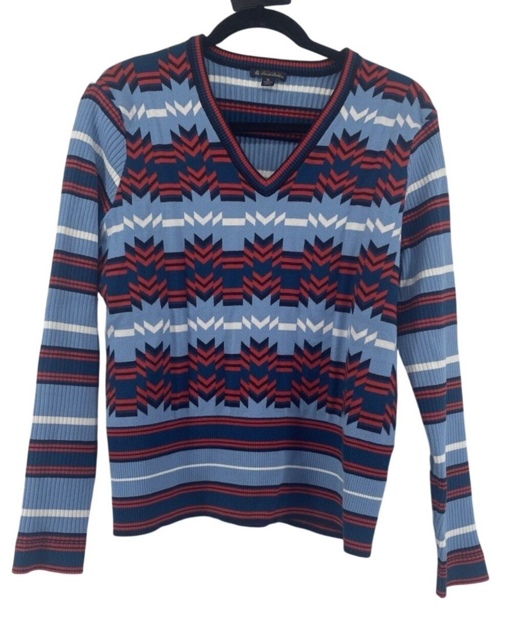 Womens Brooks Brothers Blue Red Geometric Stripes V Neck Stretch Sweater Sz XL